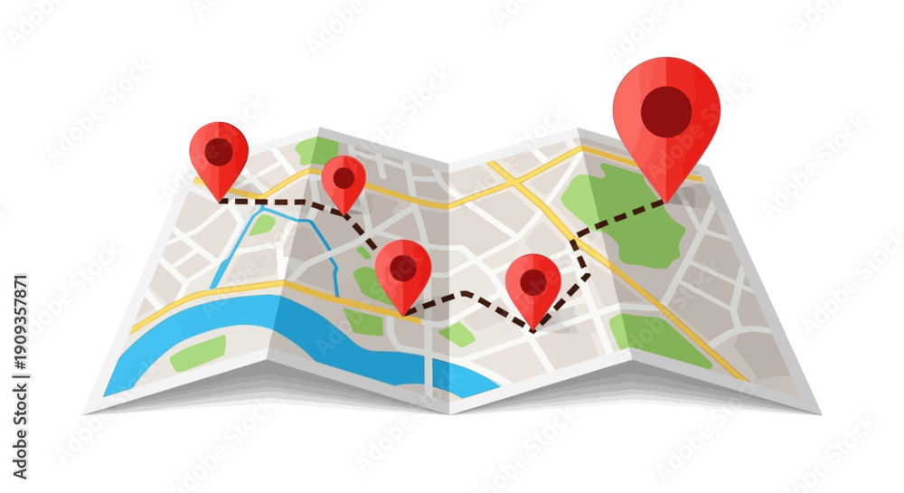 Obraz premium Illustrated map with red destination pins marking a route, perfect for travel planning and navigation concepts