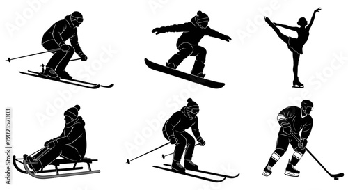 Dynamic black silhouettes representing popular winter sports and activities. Set includes skiing, snowboarding, ice skating, sledding, and ice hockey figures for design