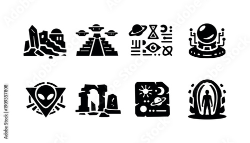 Ancient extraterrestrial civilization. Filled icon set of Ancient extraterrestrial civilization: alien city