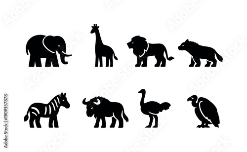 African savanna wildlife. Filled icon set of African savanna wildlife: elephant, giraffe, lion, hyena, zebra,