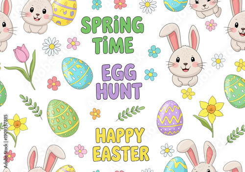 Spring time egg hunt happy easter seamless pattern
