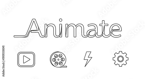 Animate Text with Icons: Play, Film Reel, Lightning, Gear - Motion Graphics Concept