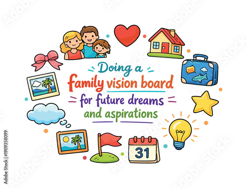Doing a family vision board for future dreams and aspirations. Hand drawn illustration of Doing a family