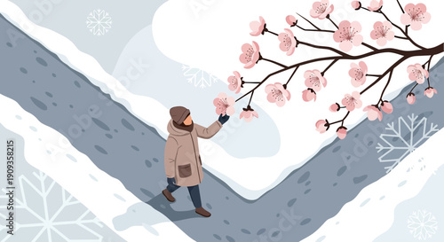 Person in Winter Coat Touching Cherry Blossoms in Snowy Landscape