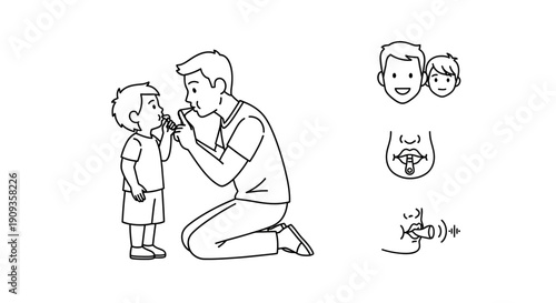 Speech therapist helps child with articulation exercises, showing tongue placement and mouth movements.