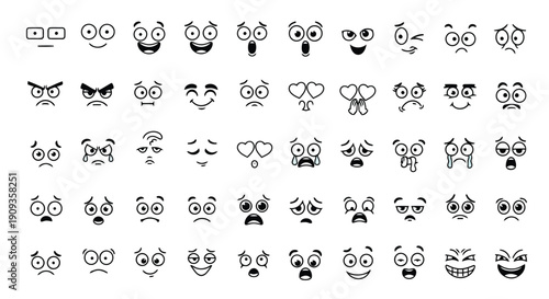 A grid of various black and white emoticon faces with different expressions and designs.