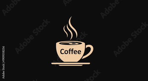 Steaming Coffee Cup with "Coffee" Text on Black Background - Minimalist Icon