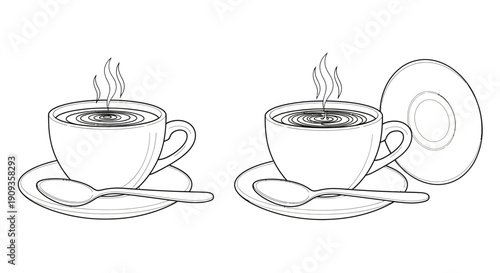 Steaming Coffee Cups with Saucers and Spoons, Hand-Drawn Sketch Style