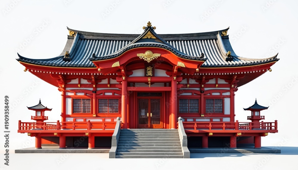 Obraz premium Red Japanese shrine building isolated on white. Traditional wood architecture with ornate roof and intricate details. Sacred place for worship and cultural events. Peaceful spiritual sanctuary.