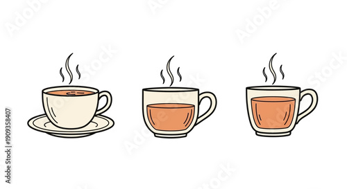 Three steaming cups of tea on a white background, illustration