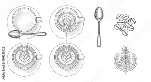 Top View Coffee Latte Art Collection with Beans and Spoon Sketch
