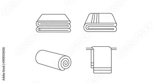 Towel Icons: Folded, Rolled, and Hanging on Rack - Clean Line Art Set
