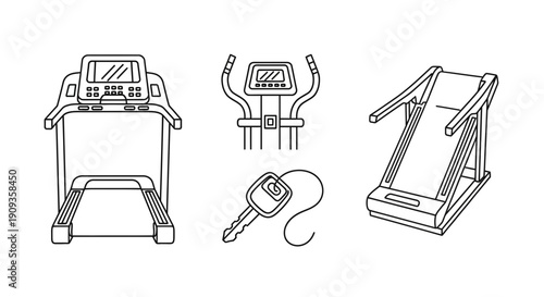 Treadmill, Elliptical, and incline trainer icons with a car key, fitness equipment line art