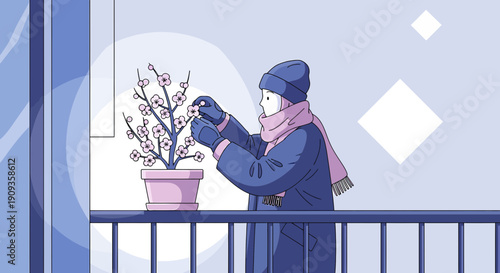 Person on Balcony Caring for Blooming Cherry Blossom Tree in Winter