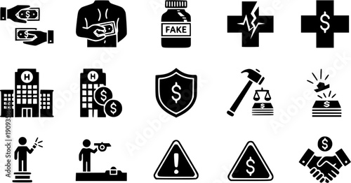 Comprehensive Icon Set Illustrating Corruption Financial Bribery Fake Healthcare Products And High Medical Cost Legal Challenges.
