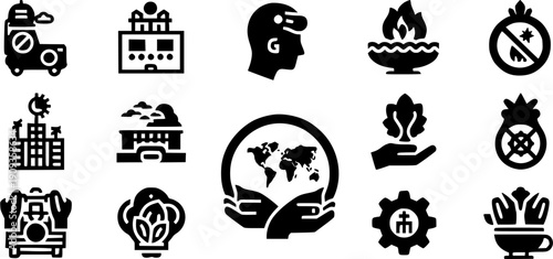 Future Technology Icon Set Featuring Artificial Intelligence Smart Cities Virtual Reality And Global Sustainability Symbols.