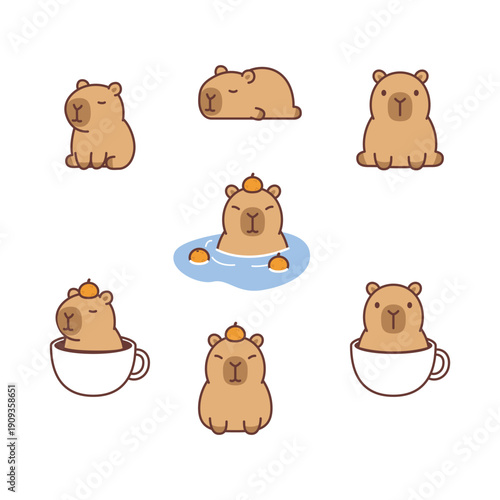 Cute kawaii capybara collection, vector illustration