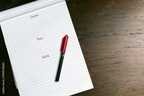 Ideas Plan Notes – Handwritten Productivity Concept with Red Marker. with copy space on the right for text.