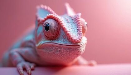 Pink chameleon reptile crawls on pink surface. Creature has bumpy skin and large bulging eyes. Animal camouflages against soft pastel background.