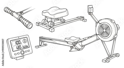 Rowing Machine Components: Handle, Seat, Monitor, and Full View