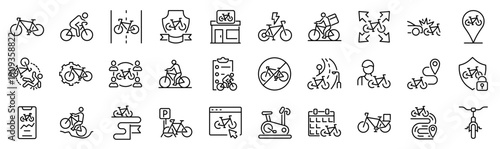 Set of 30 outline icons related to bicycle. Linear icon collection. Editable stroke. Vector illustration