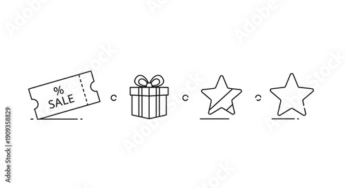 Sale Discount Coupon, Gift Box, and Star Ratings Icons Set