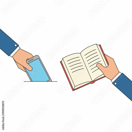 Hands holding devices and book
