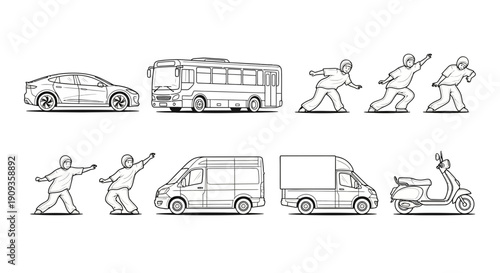 Set of diverse vehicles and people pushing them, vector illustration