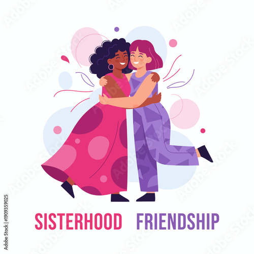 Two women embracing in a colorful illustration representing sisterhood and friendship with a joyful and playful atmosphere.