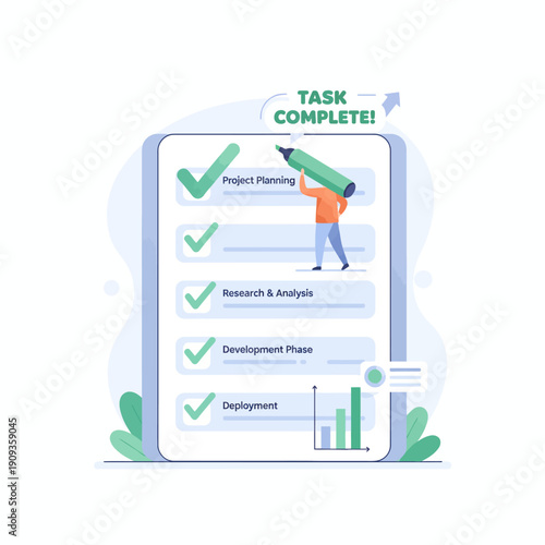 Illustration of a person completing tasks on a large smartphone with checkmarks and a green pencil