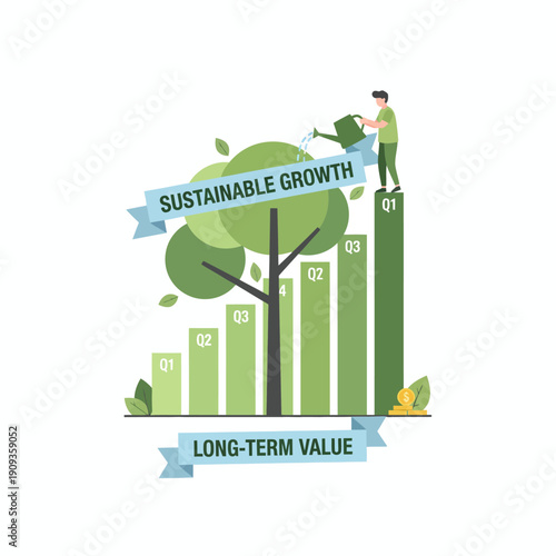 Businessman watering tree on growing bar chart, symbolizing sustainable growth and long-term value in eco-friendly corporate development strategy.