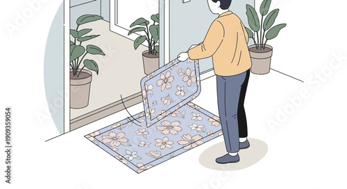 Person placing floral doormat at entrance, houseplants nearby