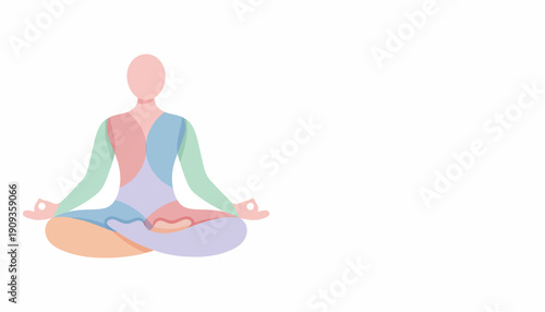 A person meditating in lotus position with colorful body and peaceful expression in a serene environment for wellness and relaxation