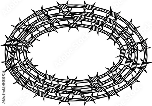 A striking black and white barbed wire oval frame creating a strong border for security and danger concepts