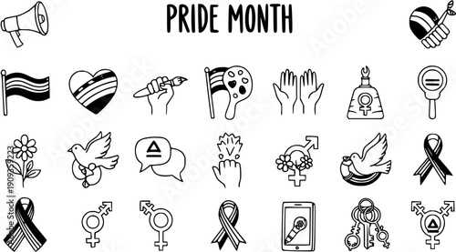 Pride Month Icons: Line Art Symbols for LGBTQ Rights, Equality, and Celebration