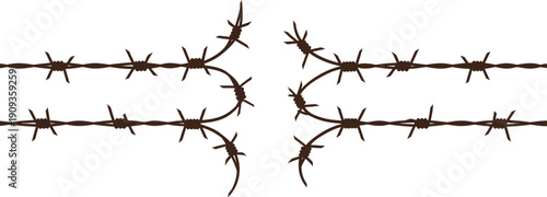 A stylized vector illustration of two segmented barbed wire fence designs creating a mirrored curved pattern on a transparent background