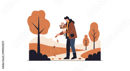 Person Scattering Autumn Leaves in a Park Landscape Illustration