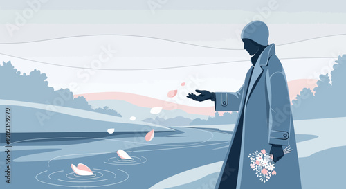 Person Scattering Flower Petals on Water with Bouquet, Serene Landscape