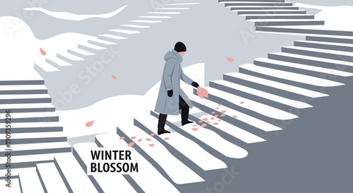 Person scattering petals on snowy stairs, Winter Blossom illustration