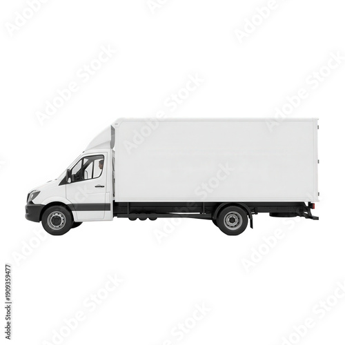 White delivery truck driving on road with driver inside