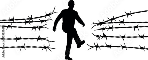 Bold black silhouette of a person stepping decisively over strands of sharp barbed wire symbolizing freedom and overcoming obstacles