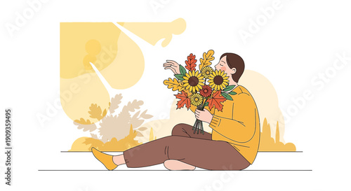 Person smelling autumn flowers bouquet, flat illustration, warm colors