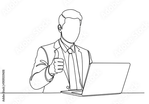 Businessman giving thumbs up gesture while working on laptop, line art