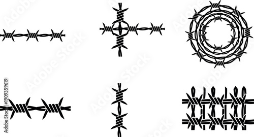 Diverse collection of black silhouette barbed wire designs featuring various fence elements and sharp security symbols for graphic projects
