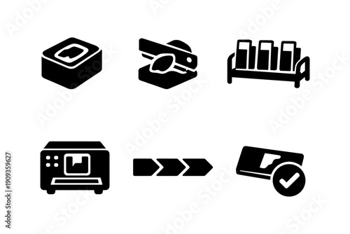 Vector illustration of office, packaging, and processing equipment, business and operational tools