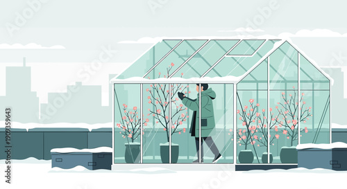 Person Tending Blooming Trees in a Snowy Greenhouse on Rooftop