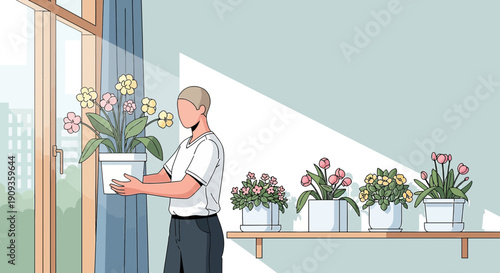 Person tending potted flowers on a sunny windowsill, indoor gardening illustration