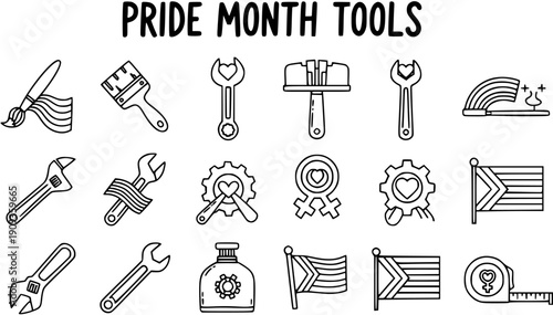 Pride Month Tools Black and White Line Art Icons Set