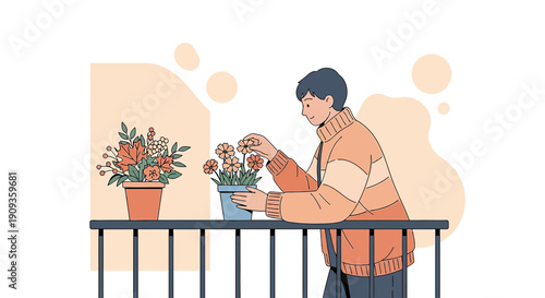Person tending potted flowers on balcony, flat illustration, spring bloom, summer garden