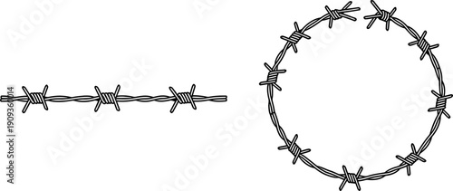 Simple black and white line art illustration showing a straight and circular segment of barbed wire outlining a security barrier
